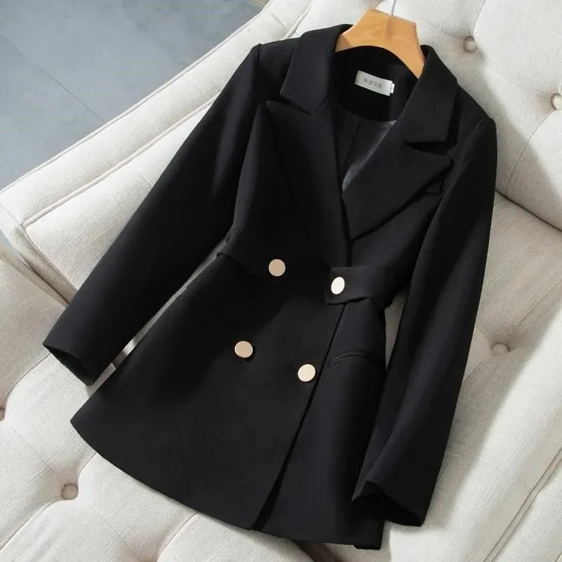 Fashion Coat Autumn Winter Suit Lady Business Office Blazer Black White Mid Length Female Outerwear