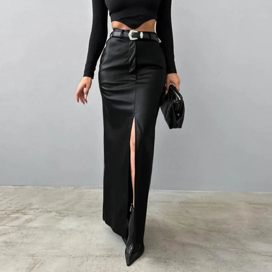 Luxury High-Waist Faux Leather Midi Skirt with Front Slit – Elegant Tailored Fit