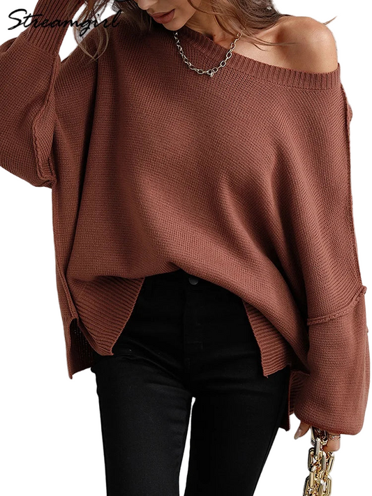 Comfy Oversized Sweater’s/Loose O~Neck Knit Sweater/Split Pull Knitted Pullover Oversized Winter Clothing.