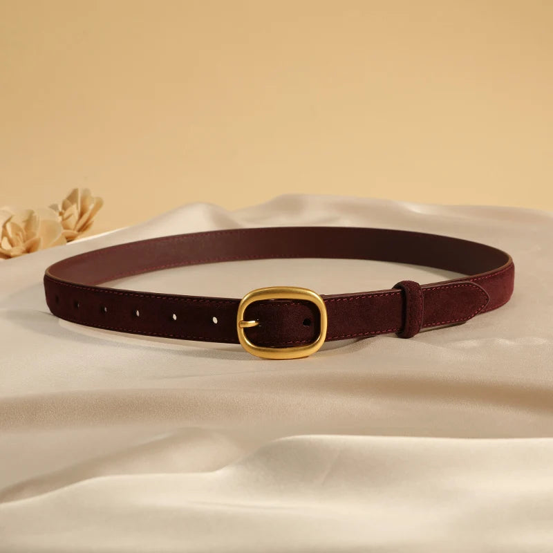 Suede Leather Skinny Fitted Belt/ Slim Waistband/Gold Buckle black Gray Casual Accessory for Jeans Pants & Dresses.