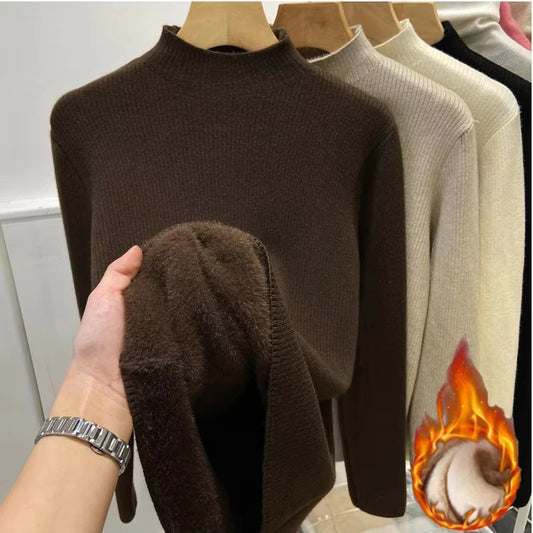Solid Neck FleeceTurtleneck/Winter Sweater Women Elegant/Thicken Velvet Lined Warm Sueter Knitwear Jumper.