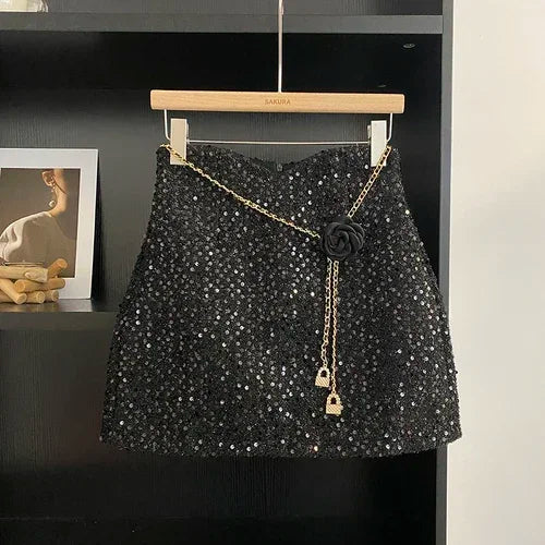 Seasonal High Waist A-line Floral Chain Lace-Up Skirts/Skirts with Shorts/Stretched Above Knee.