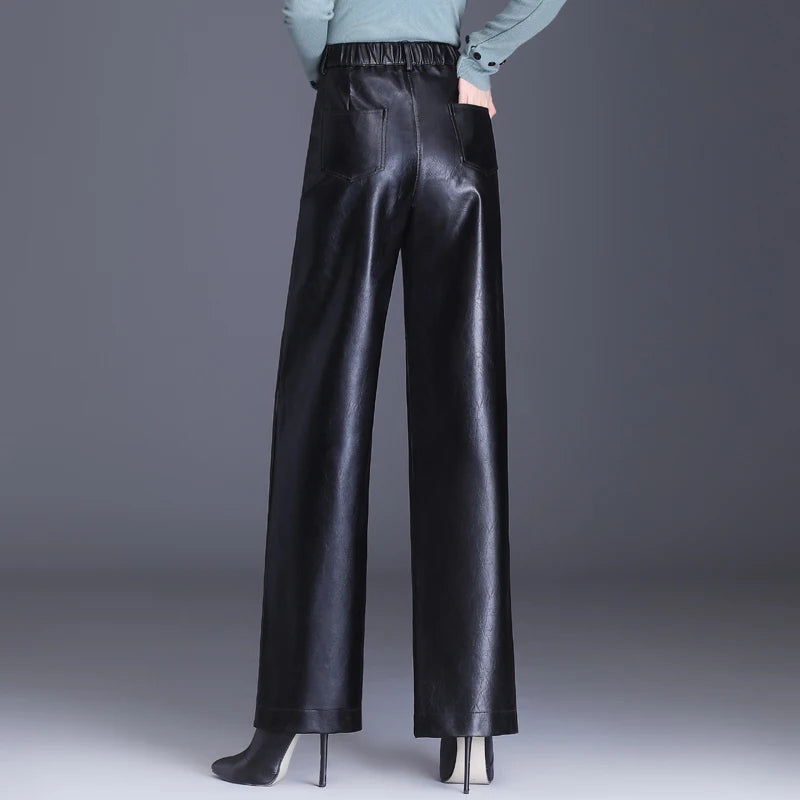 Modern Leather Leg PU Trousers/ Back Elastic Waist  Straight Elegant  Leather Trousers.