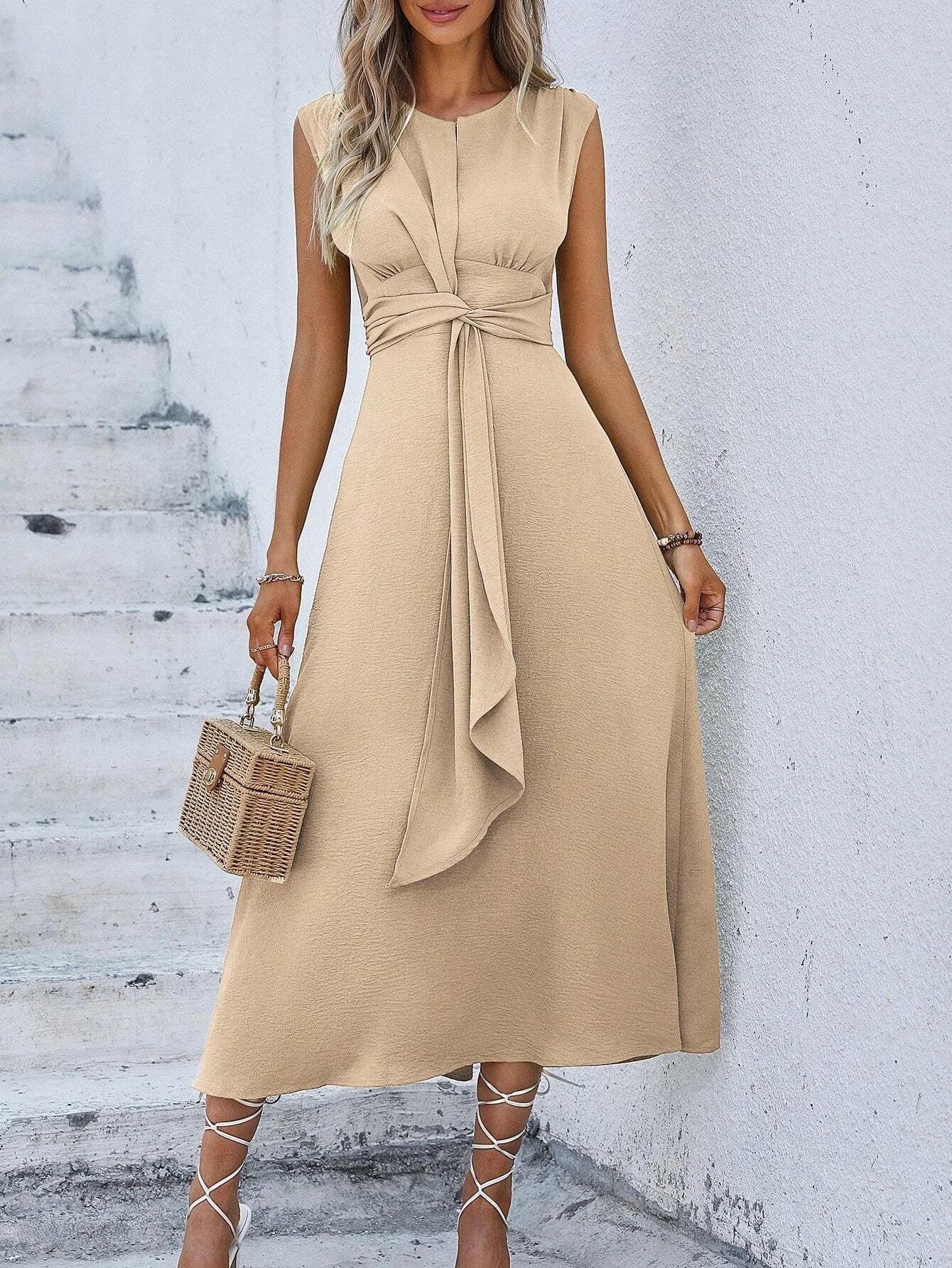 Elegant Sleeveless Waist Tie Midi Dress for Women – Romantic Vacation A-Line Summer Dress | Casual Chic Date Night Outfit | Modern Blend Boutique