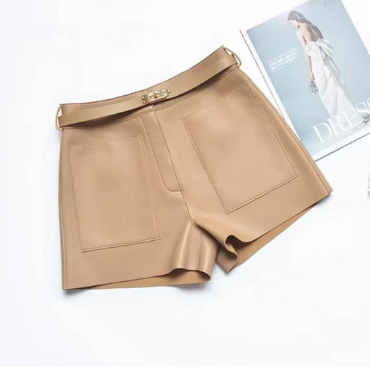 Real Sheepskin Leather Shorts for Women – 2026 New Arrival Casual Genuine Leather Shorts with White Belt, High-Quality Sheepskin, Versatile Summer & Street Style