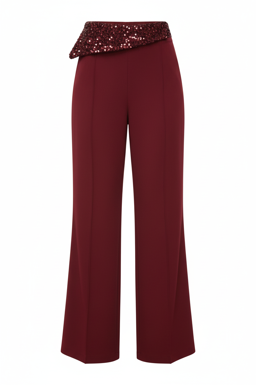 Burgundy High Waist Wide Leg Pants with Sequin Waistband | Elegant Dressy Women’s Trousers