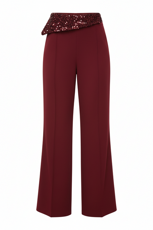 Burgundy High Waist Wide Leg Pants with Sequin Waistband | Elegant Dressy Women’s Trousers