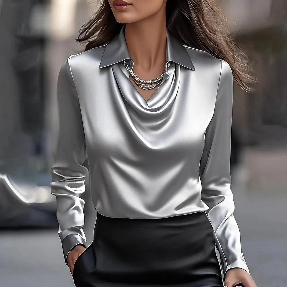 Stand Out Reflected Solid Blouse/Full Sleeve Swing Collar Pullover/Temperament Printing Simple Shirt Office Lady Elegant/Stunning.