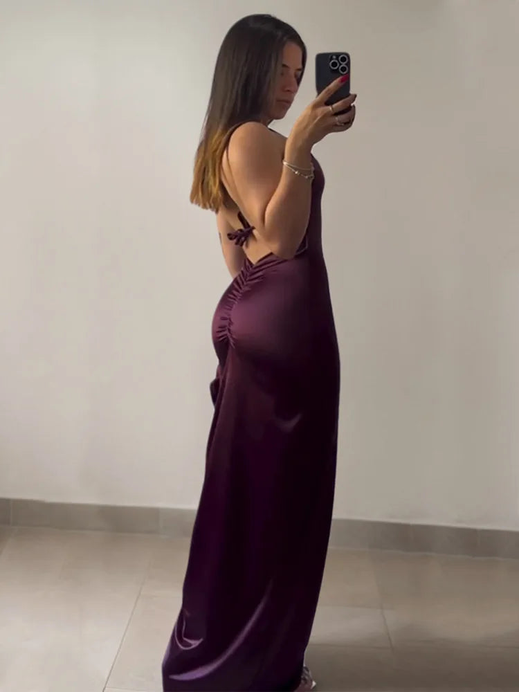 Burgundy Satin Ruched Maxi Dress – Open Back High Slit Spaghetti Strap Evening Gown for Women