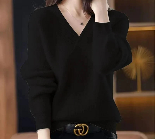 Stylish Cashmere Sweater/Women's 100% Wool Sweater/Fashion V-neck Knitted Pullover/Winter and Autumn Loose Solid Soft Sweater