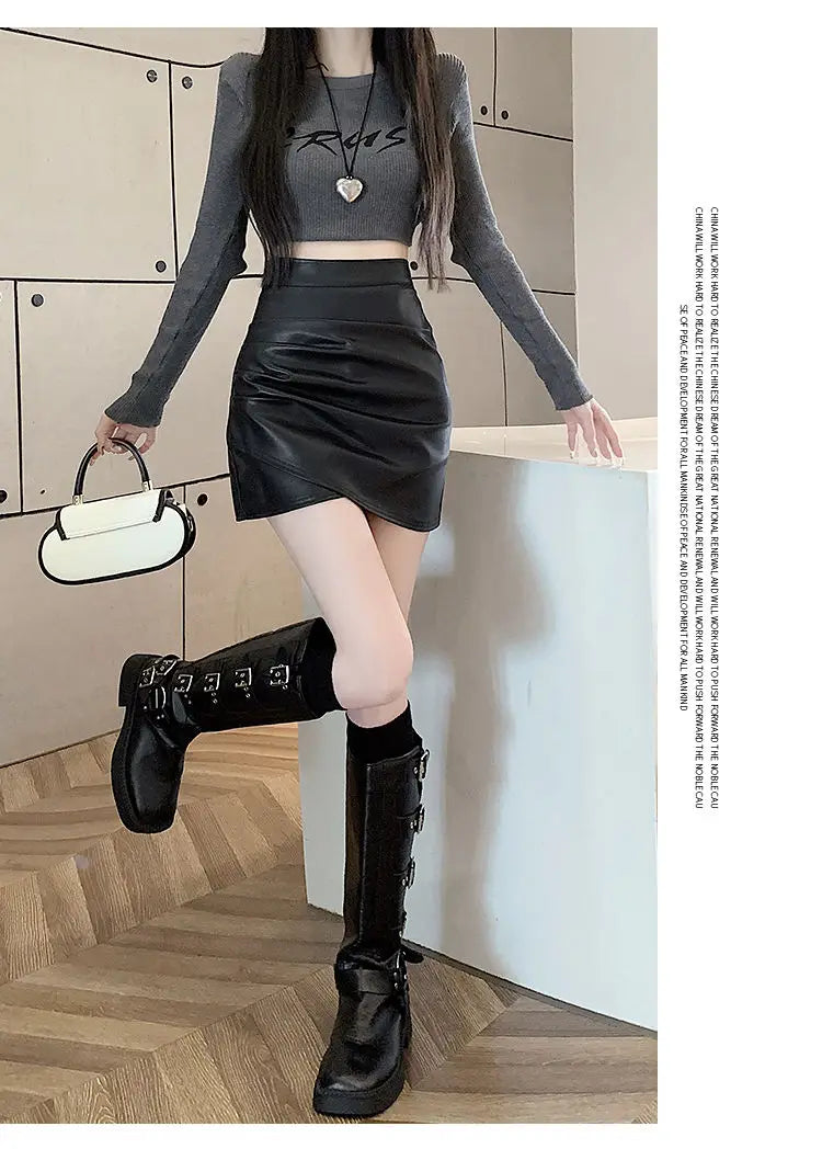 High-Waist Faux Leather Bodycon Mini Skirt – Ruched Slim Fit PU Leather Wrap Skirt for Women