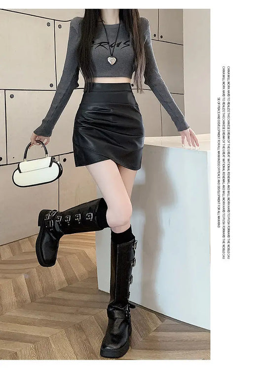 High-Waist Faux Leather Bodycon Mini Skirt – Ruched Slim Fit PU Leather Wrap Skirt for Women
