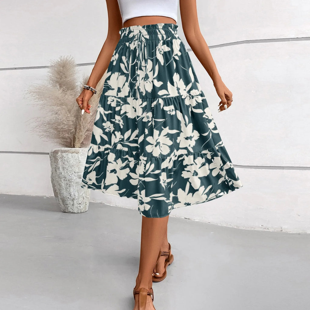 Retro Puff Floral Printed Skirt/With Pocket’s/Casual Elastic High Waist Lace-up Loose Skirts.