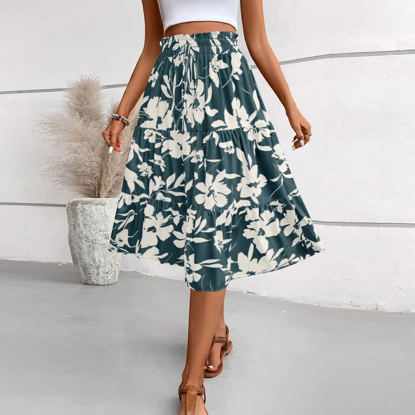 Retro Puff Floral Printed Skirt/With Pocket’s/Casual Elastic High Waist Lace-up Loose Skirts.