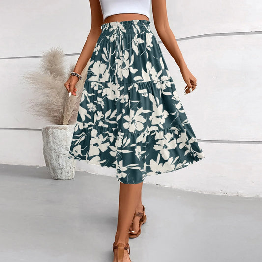 Retro Puff Floral Printed Skirt/With Pocket’s/Casual Elastic High Waist Lace-up Loose Skirts.