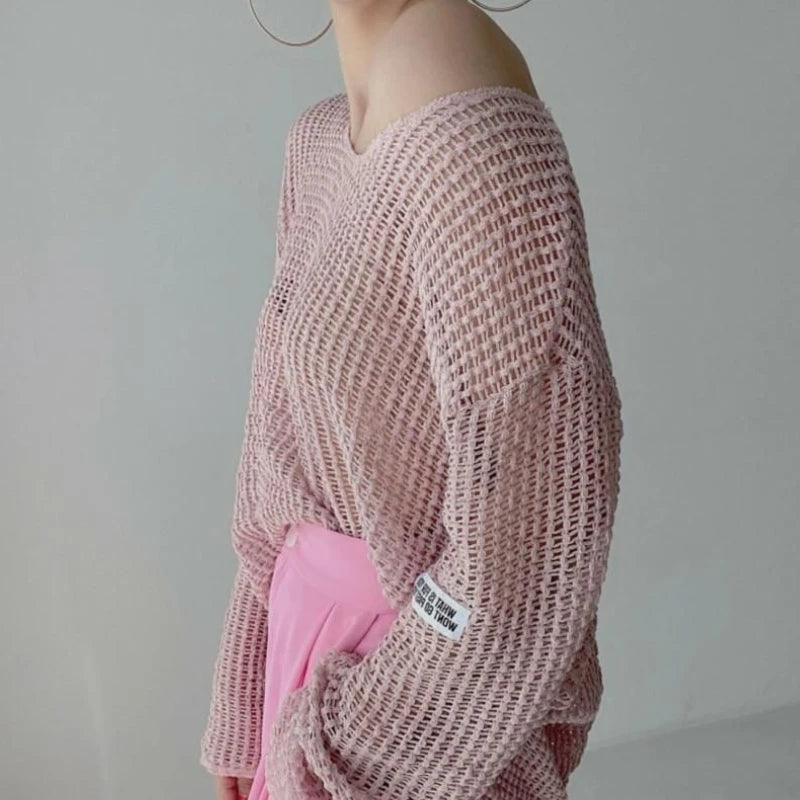 Hollow Out Pullovers Women Baggy O-neck Clothing/Casual Simple Stylish Vintage See-through Streetwear.