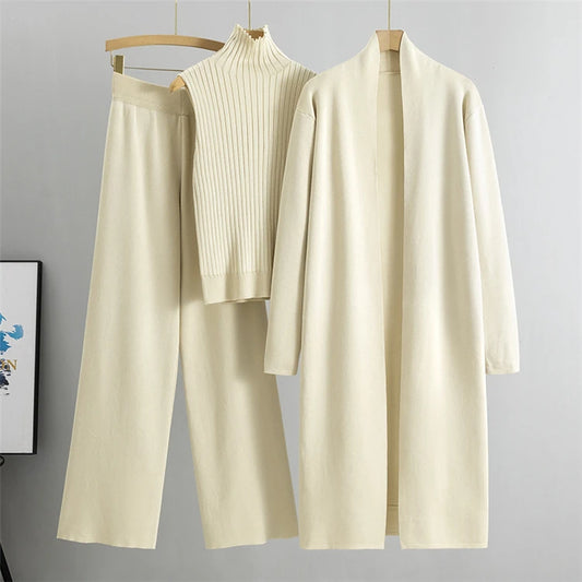 Women’s 3-Piece Knit Cardigan Set | Long Open-Front Coat, Sleeveless Turtleneck Top & Wide-Leg Pants | Fall Winter Lounge & Office Outfit