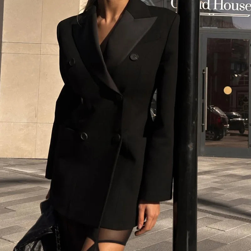 Black Tailored Blazer Dress – Double Breasted Satin Lapel Mini Dress