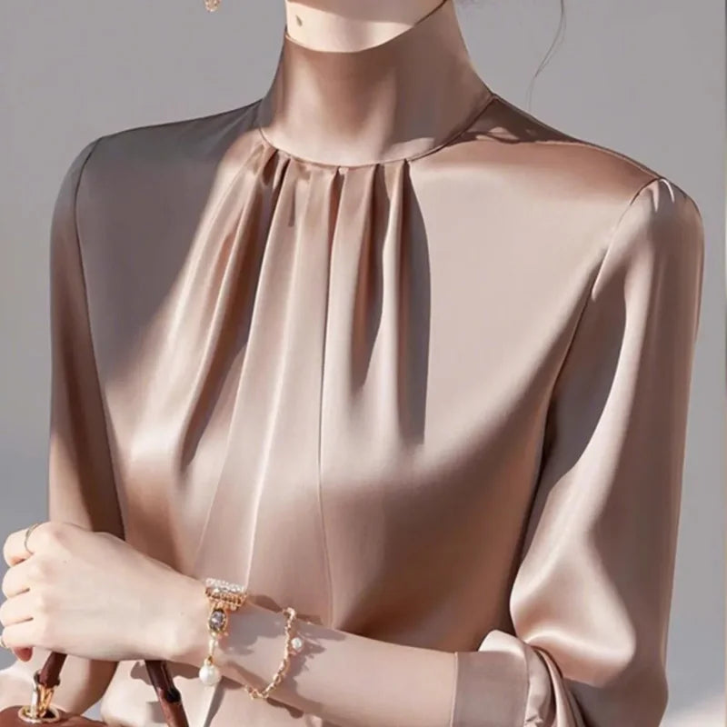 Luxury Satin Pleated Blouse – Elegant Long Sleeve Silky Top for Women