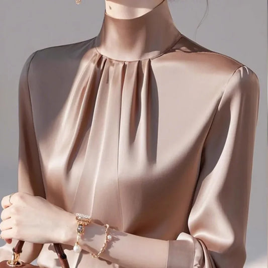 Luxury Satin Pleated Blouse – Elegant Long Sleeve Silky Top for Women