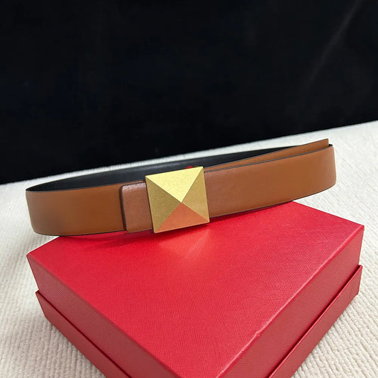 Luxury Brown Leather Belt with Gold Geometric Buckle | Women’s Statement Waist Belt