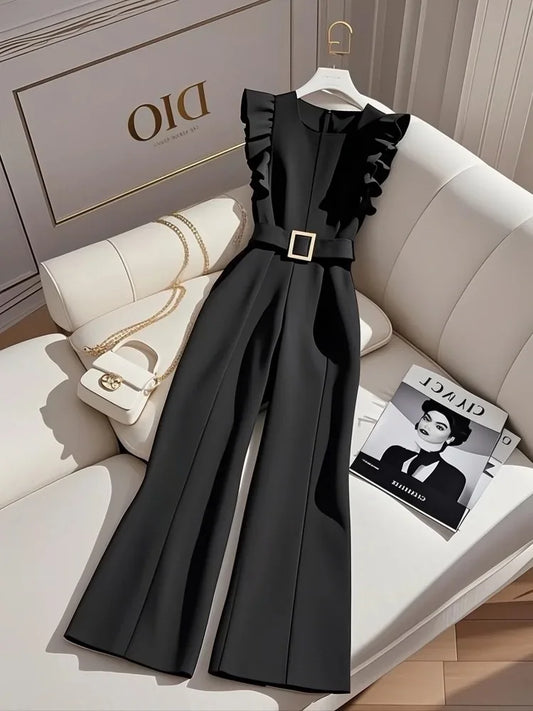 Ruffled Classy Black Jumpsuit/Unique Aura Exquisite Elegant, Slimming Look One-Piece Jumpsuit.