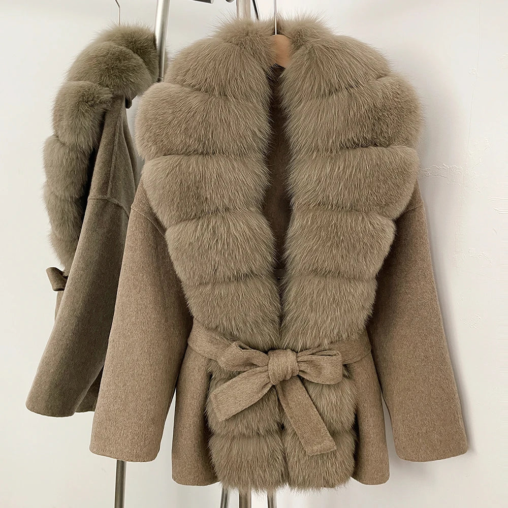 Woolen Blended Winter Coat’s/Female New Fox Fur Coat/Autumn Woolen Coat/Real Fur Collar/Women Warm Clothing.