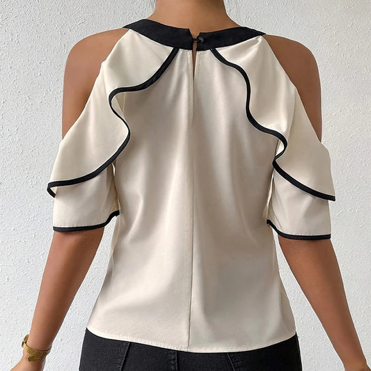 Elegant Bow Strapped Blouse/New Designed Off Shoulder Blouse/Double Ruffled Short Sleeve Shirt/All-Match Solid Top.