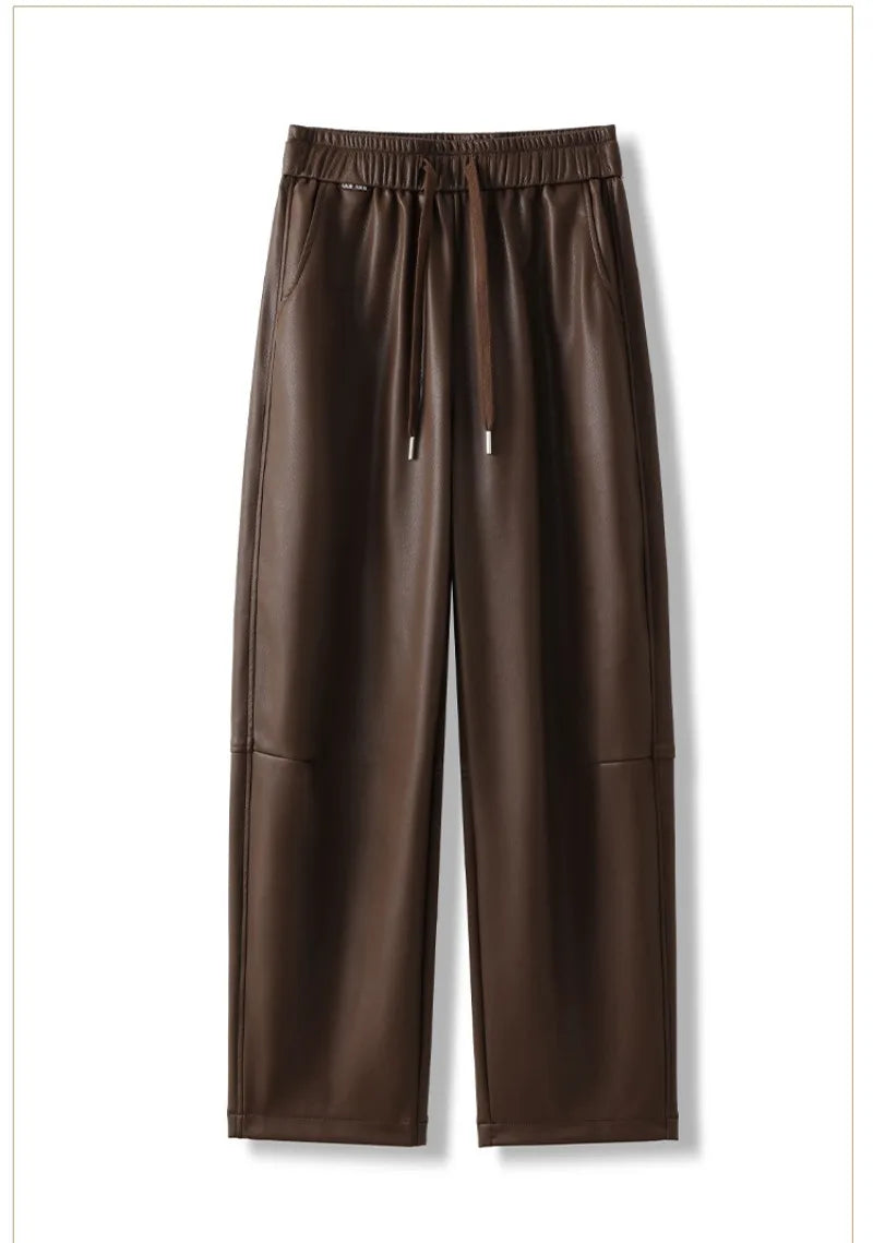 Luxury PU Leather Jogger Pants for Women – High-Waist Elastic Drawstring Wide-Leg Trousers – Comfy Chic Vegan Leather Athleisure Pants