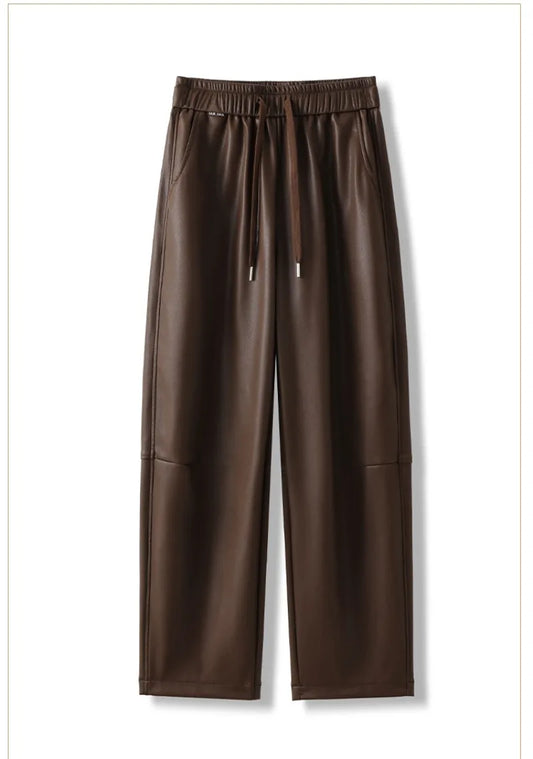 Luxury PU Leather Jogger Pants for Women – High-Waist Elastic Drawstring Wide-Leg Trousers – Comfy Chic Vegan Leather Athleisure Pants