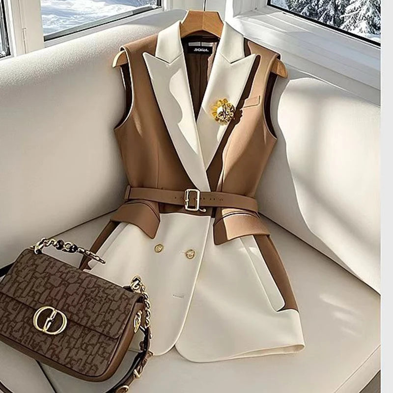 Autumn V~Neck Designed Blazer/ Jacket Vest for Women/Double Breasted Sleeveless Blazers/Slim Fit Non~Woolen Fabric.