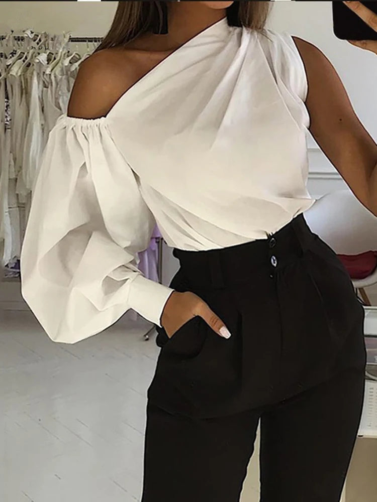 Women's Solid Color Oblique/Shoulder fit long Sleeve. For casual use/Off Shoulder design. Female Fashion Lantern Long Sleeve Shirts.
