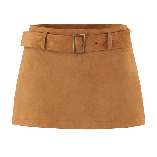 Faux Suede Low Waist Belt Mini Skirt/ Short Lining/Sexy A-line Package Hip/Slim Fitted Waistline/Solid Vintage Skirt.