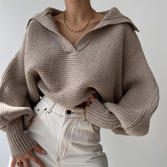 Stylish Cropped V~Neck Sweater/Turn Down Collar Loose Fitted Sweater/Full Sleeve Splice Pullovers Straight Thick Sweater.
