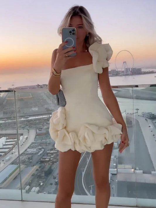 Elegant Cute Ruffled Evening Dress/Flower Patchwork Pleated/Bud Waist Mini Dresses for Women/Sleeveless Empire Waistline.