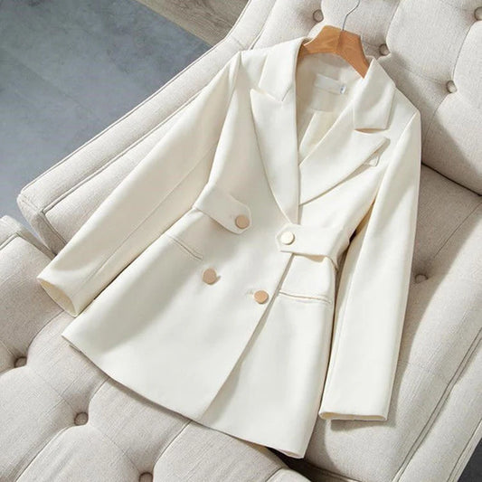 Luxury White Double-Breasted Blazer Dress for Women – Elegant Longline Tailored Blazer