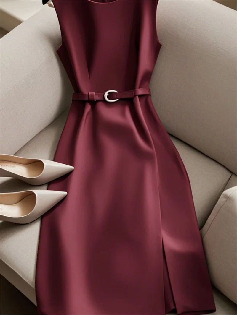New French Luxury Summer Dress Women Elegant Sleeveless High Waist Satin Formal Dress Fashion Party Vestidos with Belt High End