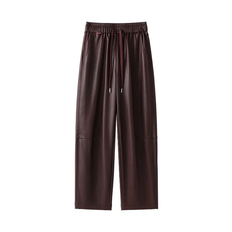 Luxury PU Leather Jogger Pants for Women – High-Waist Elastic Drawstring Wide-Leg Trousers – Comfy Chic Vegan Leather Athleisure Pants