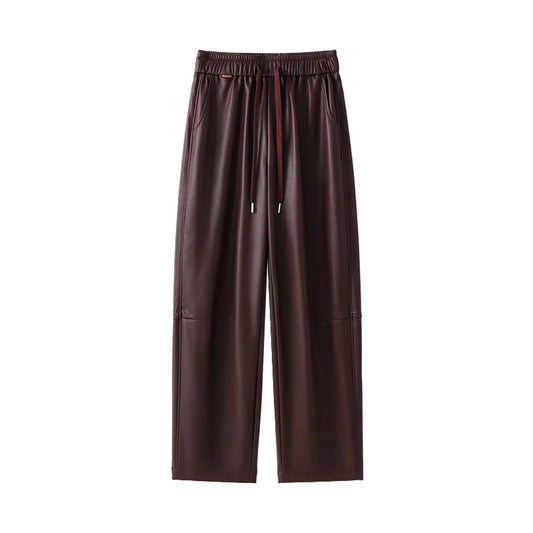 Luxury PU Leather Jogger Pants for Women – High-Waist Elastic Drawstring Wide-Leg Trousers – Comfy Chic Vegan Leather Athleisure Pants