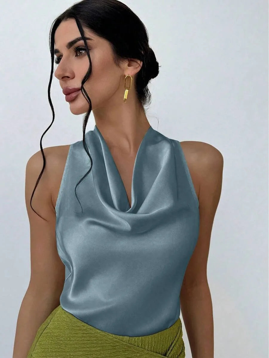 Elegant Satin Halter Blouse for Women – Sleeveless Bow Neck Office Lady Top