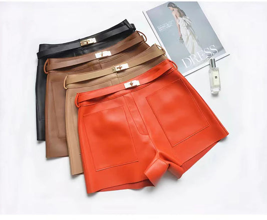 Real Sheepskin Leather Shorts for Women – 2026 New Arrival Casual Genuine Leather Shorts with White Belt, High-Quality Sheepskin, Versatile Summer & Street Style