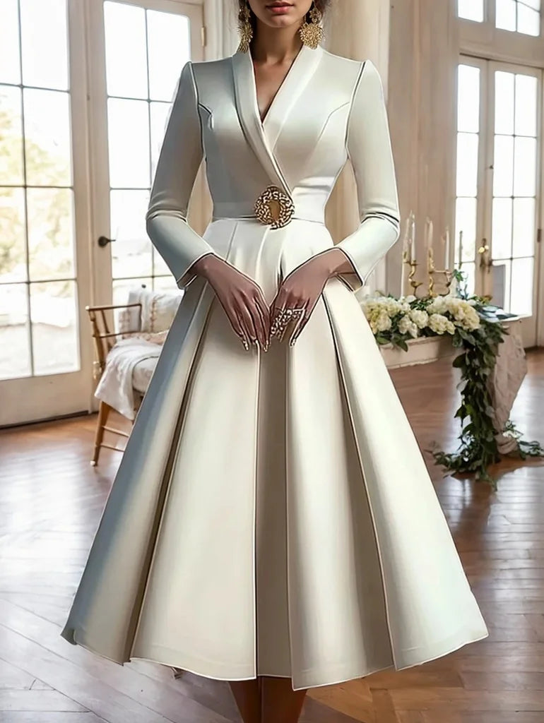 Elegant V Neck Pleated Pullover/Long Sleeved A-Line Dress/Waisted Evening Party Dress Women's Long Dress Vestidos with Belt.