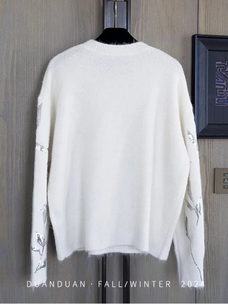Stylish Loose Sequined Sweater/O~Neck Silver Floral Sweater/Long Sleeve Elegant Knitted Tops Pullovers Jumpers Pull Over.