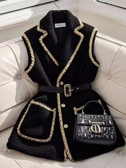 Elegant Women Black Lambhair Vest Coat Luxury Bright Silk Edging with Belt Sleeveless Blazers Vest New Spring Winter Outerwear.
