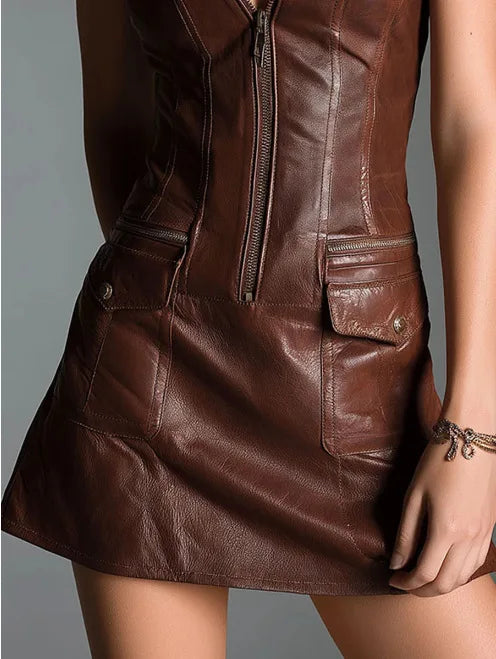 Luxury Brown Faux Leather Sleeveless Mini Dress with Front Zipper & Pocket Detail