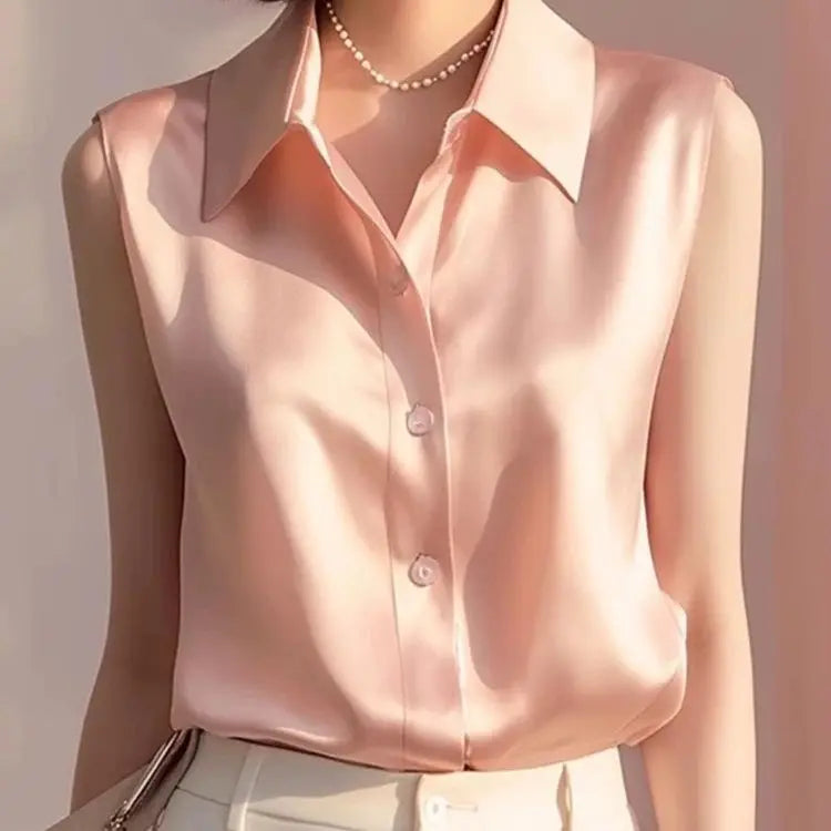 Sleeveless Satin Blouse for Women – Elegant Button-Front Top