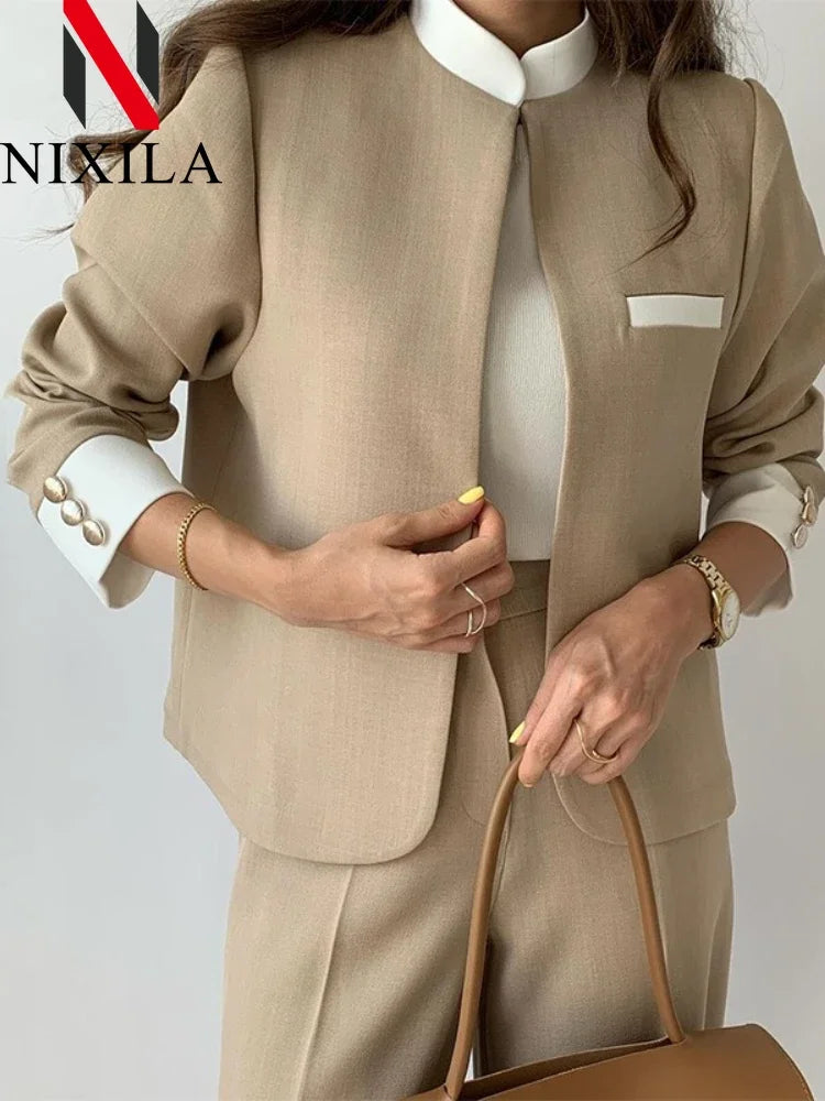 Autumn Pants Set’s/Two Piece Suit Elegant Women Blazer/Cardigan Stand Collar Coat Straight Two Piece Sets Womens Outifits.