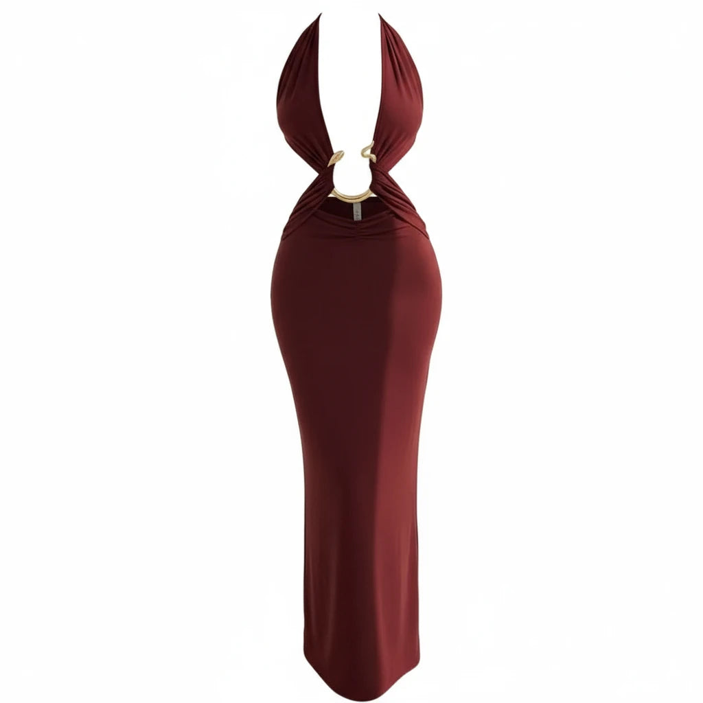 Maxi dress/appealing snake print design. Backless V neckline, adjusted to the ankle.