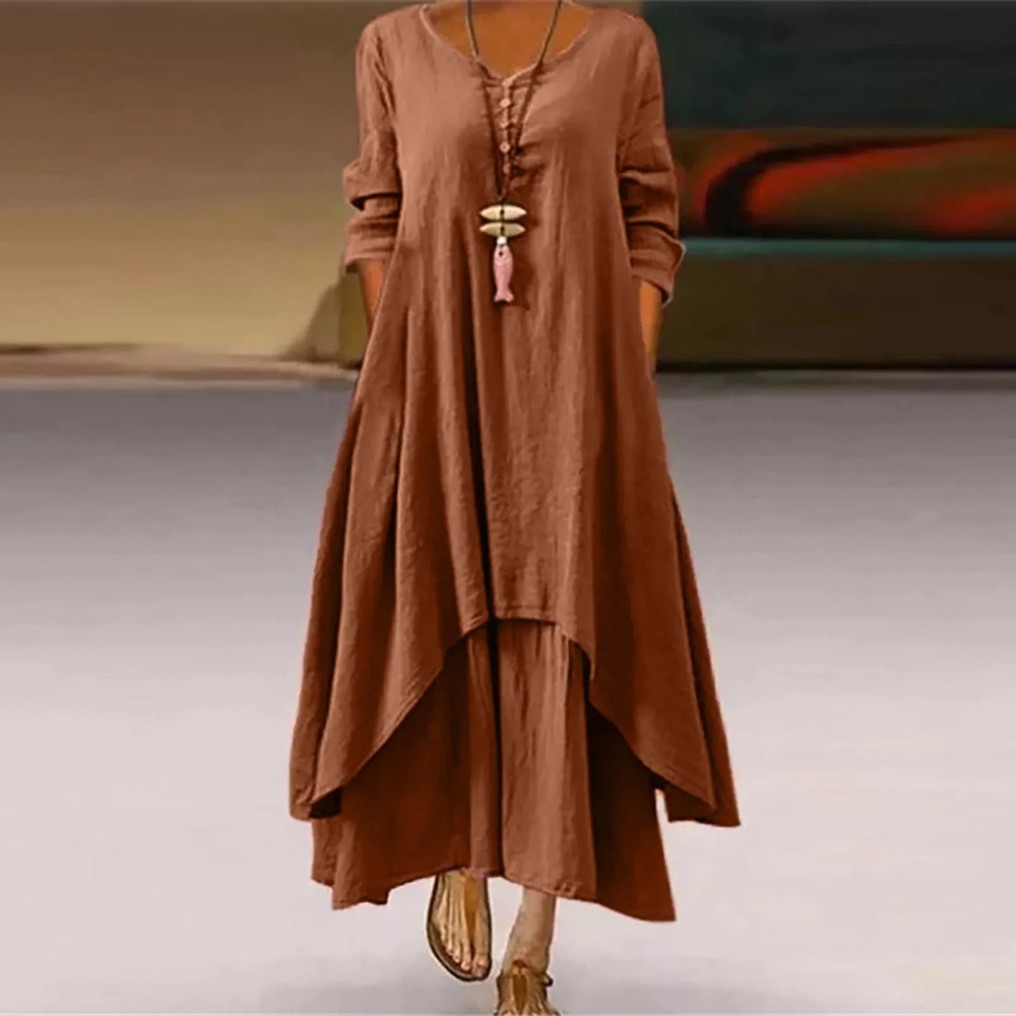 Oversized Linen Ginger Dresses/Bohemia Layering Vintage Robe/Long /Sleeve Loose Long Dress Female Autumn Vestidos.