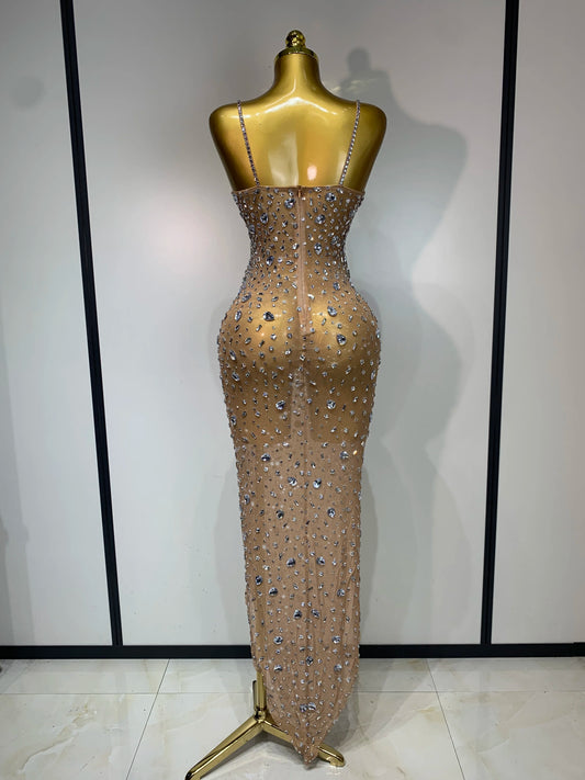 Luxury Rhinestones Sexy Mesh/See Through Bodycon Dress/Women Cocktail party Gown Red Carpet Club Stage Outfit.
